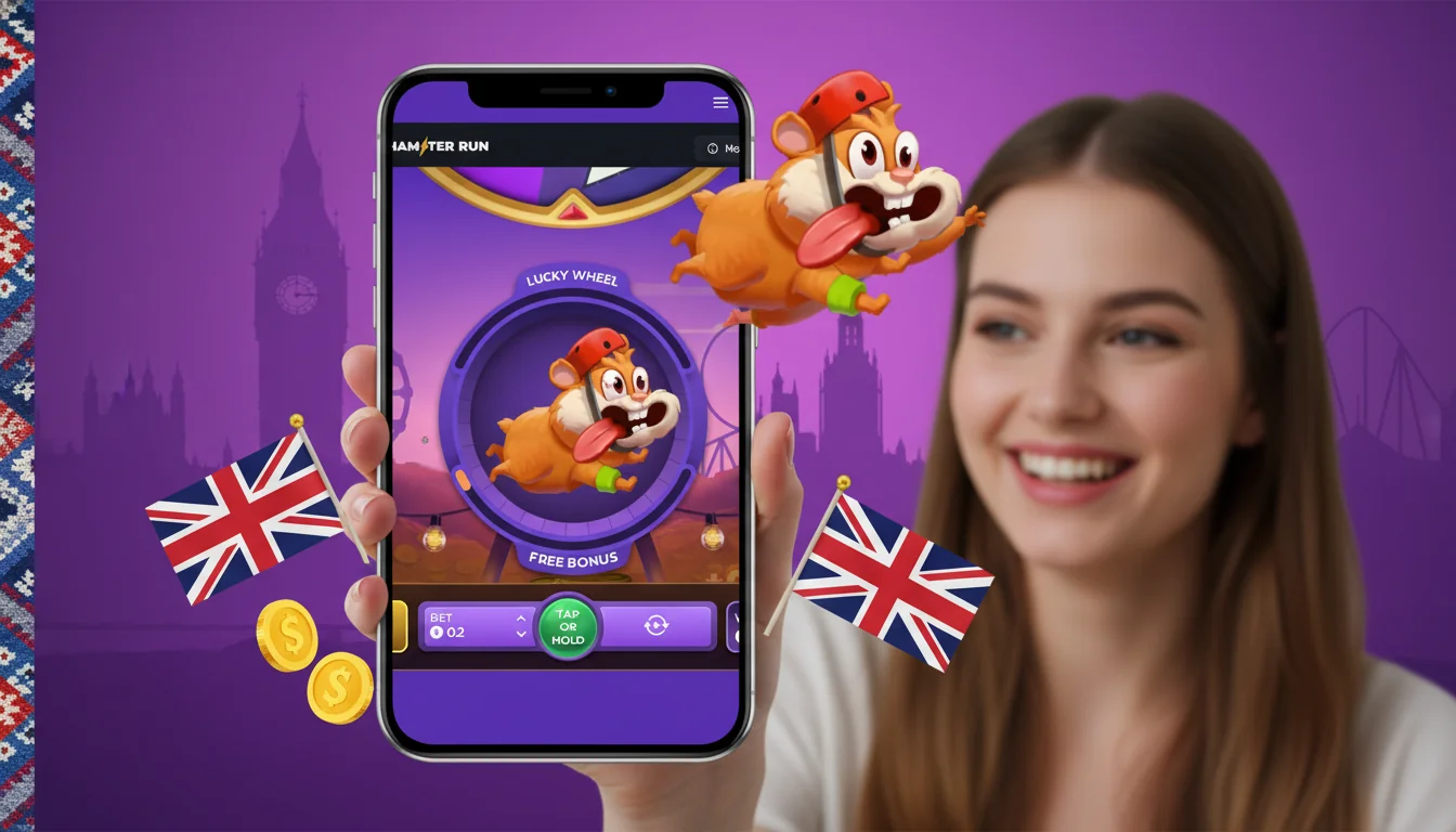 Hamster Run gameplay interface with the live multiplier curve, hamster sprint animation, dual bet panel, and cashout button
