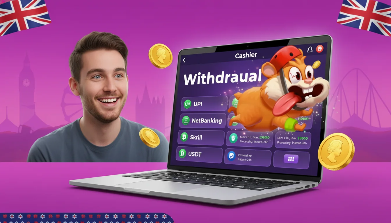 Hamster Run cashier panel with UK payment options - Visa, PayPal, Skrill, Neteller and crypto tabs